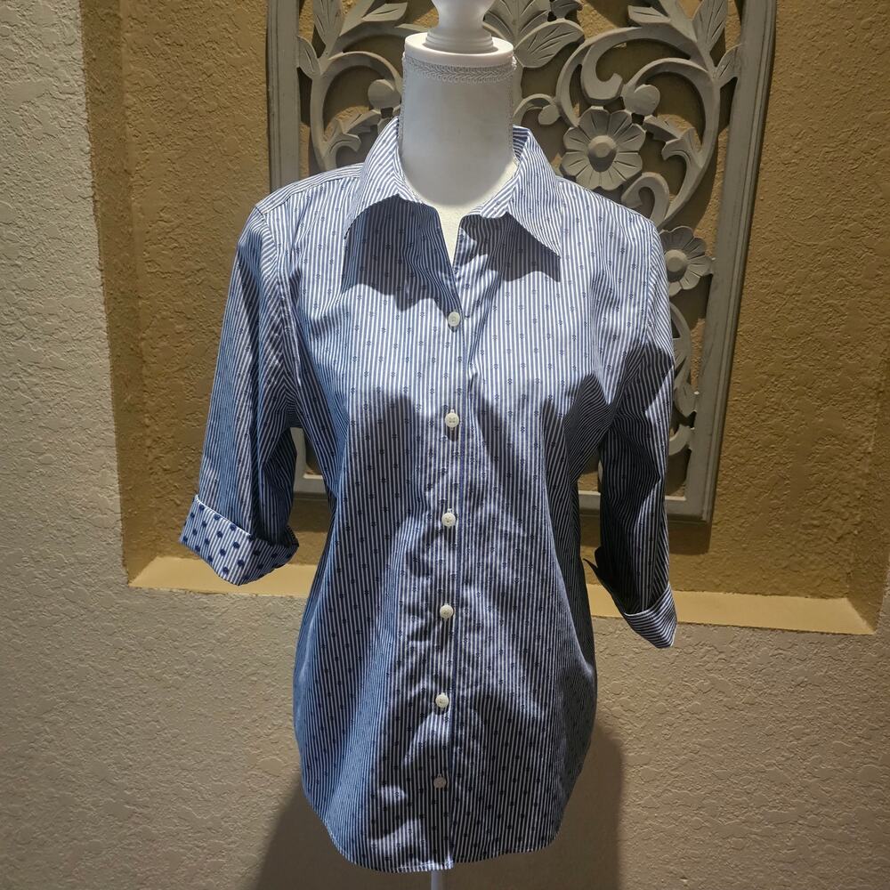 Chico's 1 (8-10) Blue White Stripe Button Up Shirt Grandma Coastal Nautical - Picture 2 of 12
